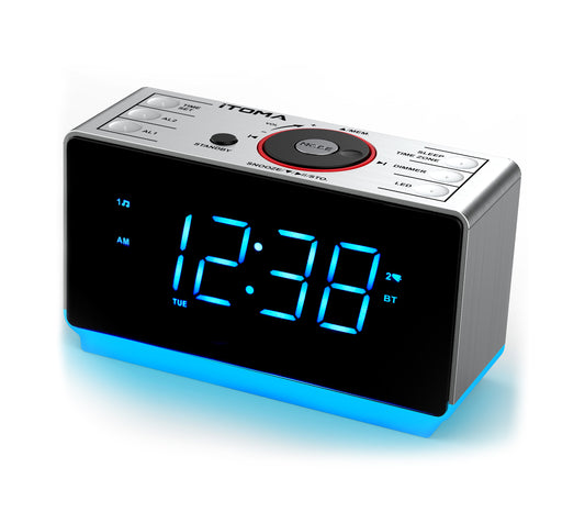 Digital Alarm Clock Radio with Bluetooth Speaker, FM Radio, Dual Alarm with Snooze, Large LED Display, Dimmer Control, Headphone,USB Charging Output and Night Light iTOMA 708