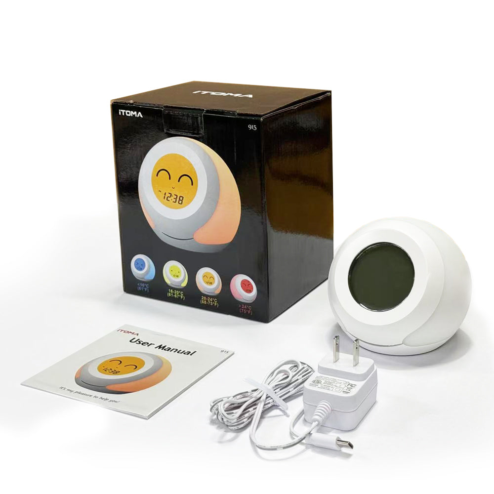 Thermometer, Hygrometer und niedliche Gesichtsausdrücke fürs Kinderzimmer, buntes Licht zur Auswahl, 4-stufiger Dimmer, Innentemperaturmonitor, LCD-Bildschirm, Kinderzeitanzeige, Temperatur- und Feuchtigkeitsmessgerät iTOMA 915