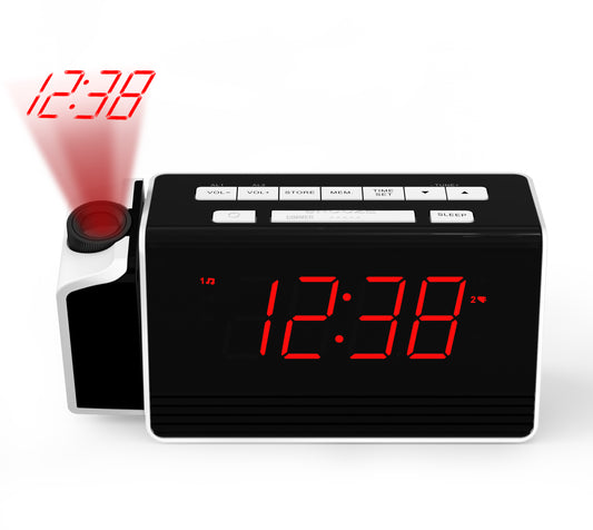 Reloj despertador digital iTOMA con proyector giratorio de 180° para dormitorio, radio FM, pantalla LED roja, regulador de brillo de 4 niveles, alarma dual, función de repetición, 12/24 h, 512