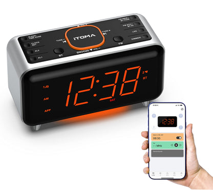 新Radio Alarm Clock with App Control, Bluetooth, FM Radio, Dual Alarm of 4 Alarm Modes, Easy Snooze, Dimmer, Orange Night Light, 12/24 Hr & USB Charger Port iTOMA 208A