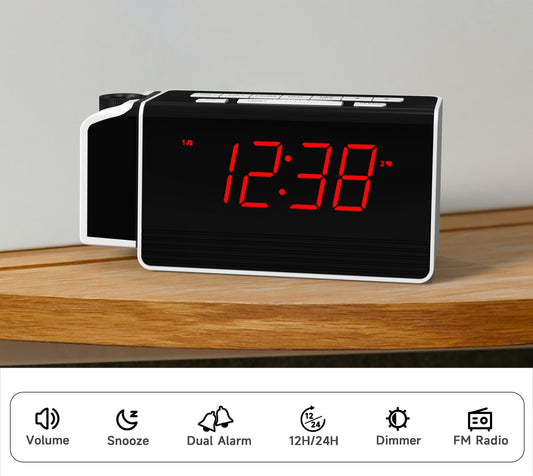Reloj despertador digital iTOMA con proyector giratorio de 180° para dormitorio, radio FM, pantalla LED roja, regulador de brillo de 4 niveles, alarma dual, función de repetición, 12/24 h, 512